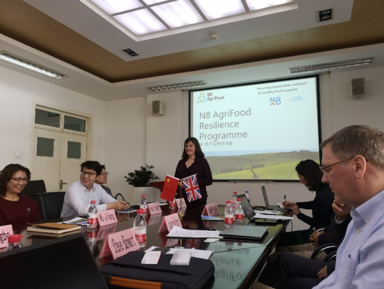 Prof Louise Dye from University of Leeds and N8 AgriFood presenting to colleagues at the Chinese Agriculture University in Beijing