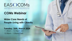 Doctor holding a tablet promoting an easo coms webinar on the wider care needs of people living with obesity, scheduled for march 26, 2024.