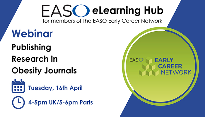 A promotional graphic for an easo elearning hub event titled "publishing research in obesity journals", for members of the easo early career network.