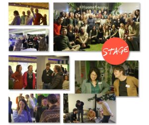 A collage of photos depicting various groups of people engaging in social interactions at an indoor event, with some photos showing attendees networking and others involved in activities, marked with the word "stage".