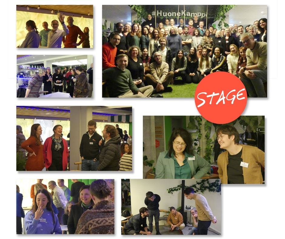 A collage of photos depicting various groups of people engaging in social interactions at an indoor event, with some photos showing attendees networking and others involved in activities, marked with the word "stage".