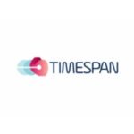 Logo of "timespan" featuring an abstract hourglass icon with red and blue gradients.