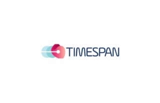 Logo of "timespan" featuring an abstract hourglass icon with red and blue gradients.