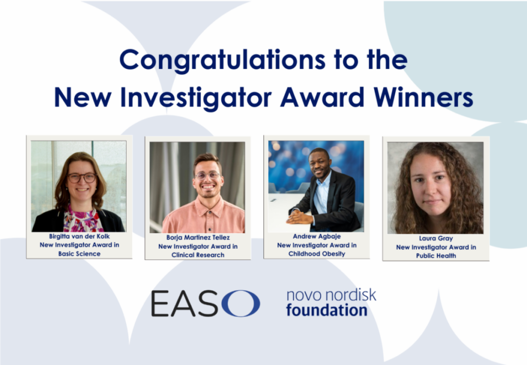 Congratulations to the easo new investigator award winners in various research categories, presented by the european association for the study of obesity and supported by the novo nordisk foundation.