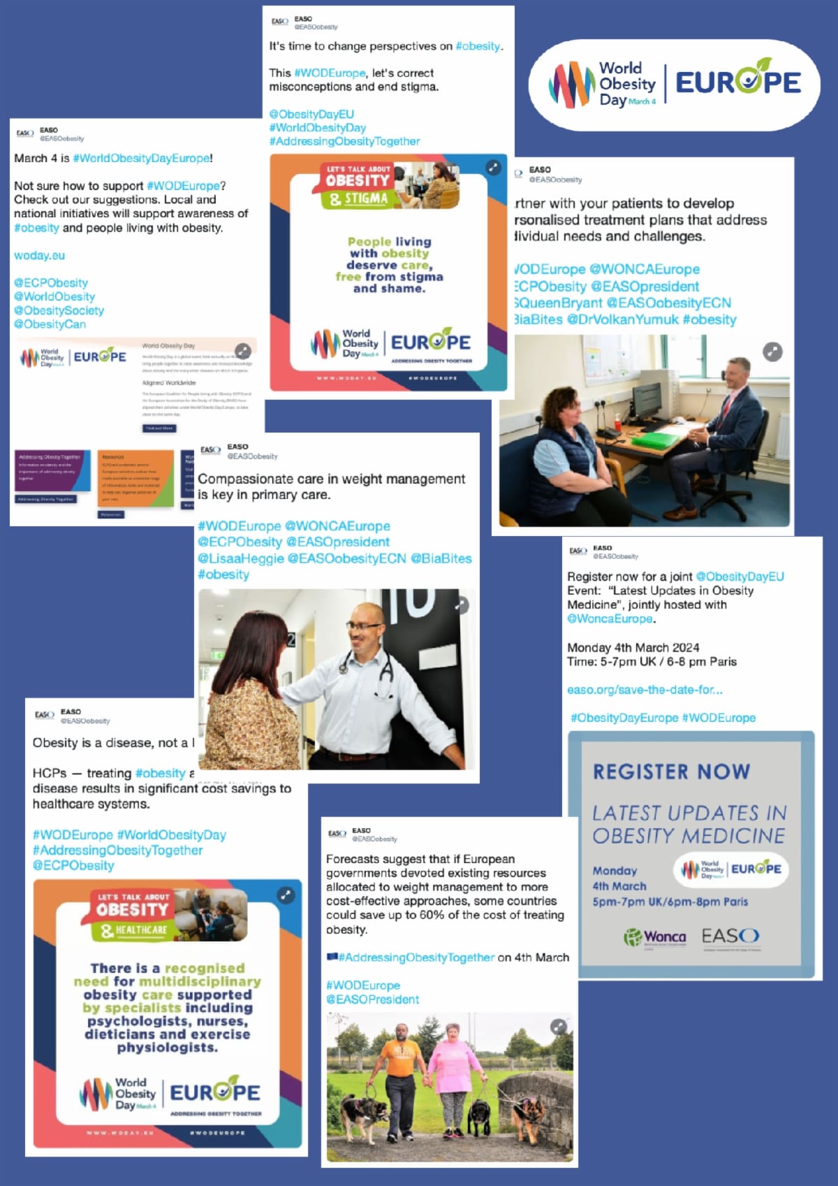 Collage of social media posts related to obesity awareness and events promoting obesity care and stigma reduction.