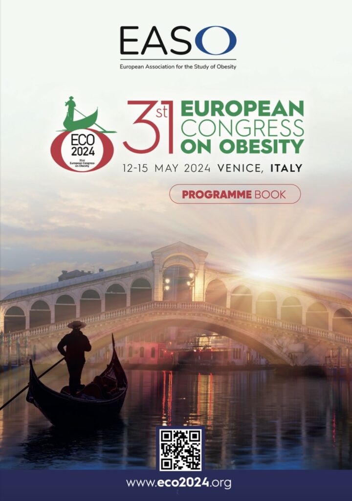 Promotional poster for the 31st european congress on obesity, featuring a gondola on a venetian canal with rialto bridge in the background, event details, and qr code.