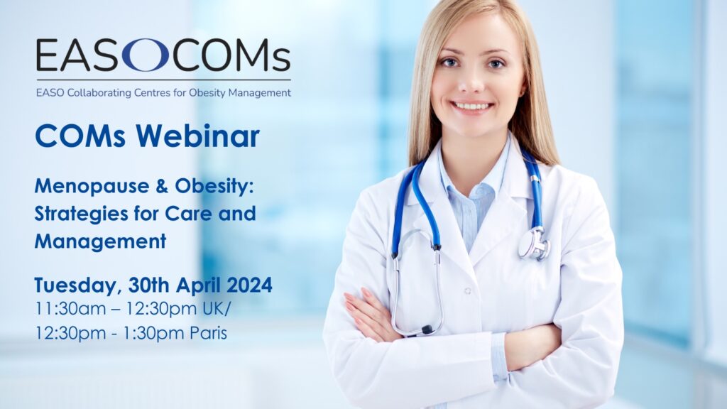 Female healthcare professional with stethoscope in a promotional graphic for an obesity management webinar by easo coms.