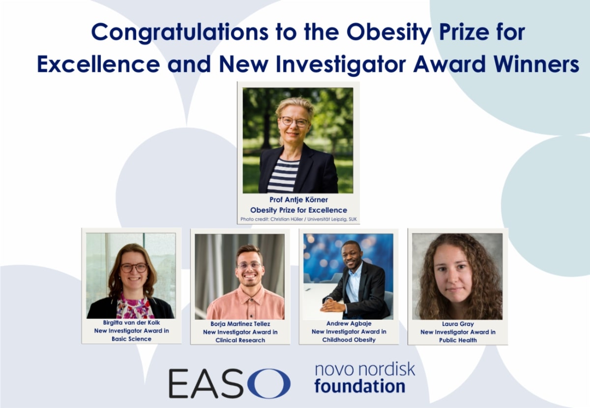 Graphic congratulating winners of the obesity prize for excellence and new investigator award, featuring photos and names of four recipients with their award titles.