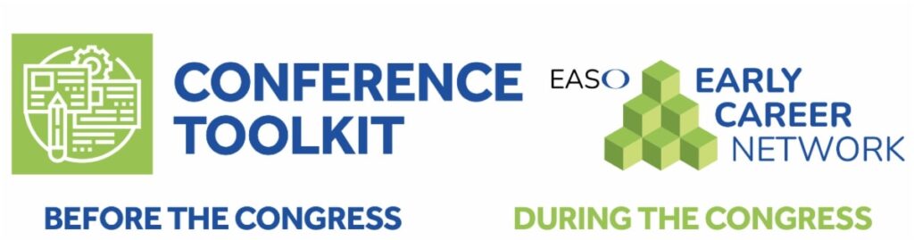 Logo for "conference toolkit" with icons for before and during the congress, featuring "easo early career network.