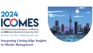 Banner for the 2024 International Congress on Obesity and Metabolic Syndrome by KSSO, happening Sep. 5-7 at Conrad Seoul Hotel, Korea. Includes event logo, skyline illustration, and theme: "Integrating Cutting-Edge Insights in Obesity Management.