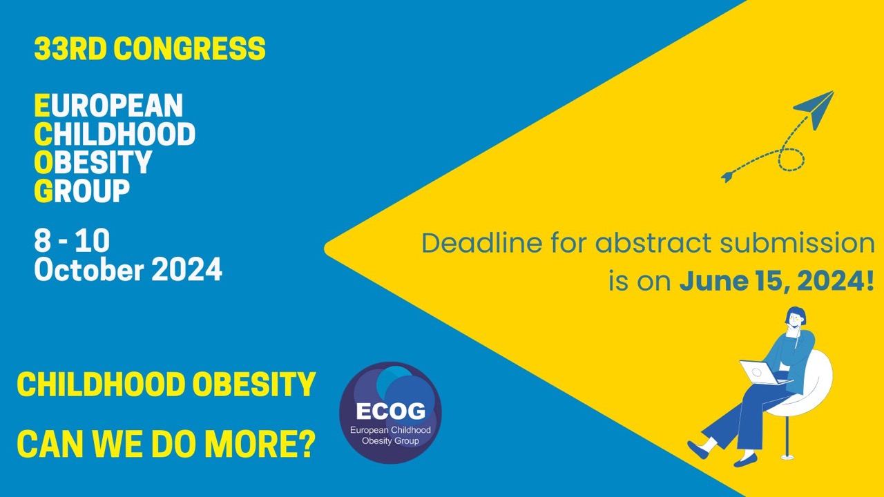 Promotional poster for the 33rd Congress of the European Childhood Obesity Group, October 8-10, 2024, highlighting the abstract submission deadline as June 15, 2024.