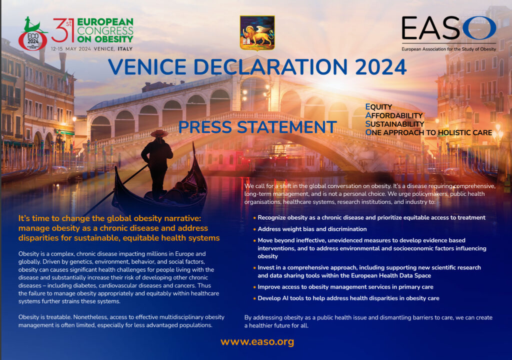 Press statement of the Venice Declaration 2024 by the European Association for the Study of Obesity, addressing obesity with a focus on equity, affordability, sustainability, and a holistic approach.