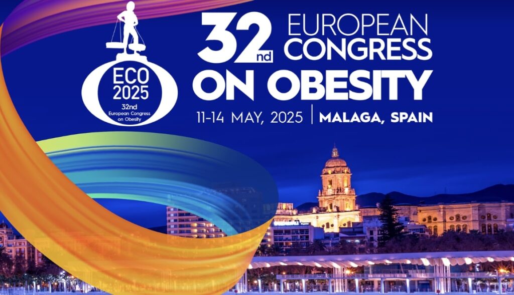 Promotional banner for the 32nd European Congress on Obesity, scheduled for May 11-14, 2025, in Malaga, Spain, featuring cityscape background.