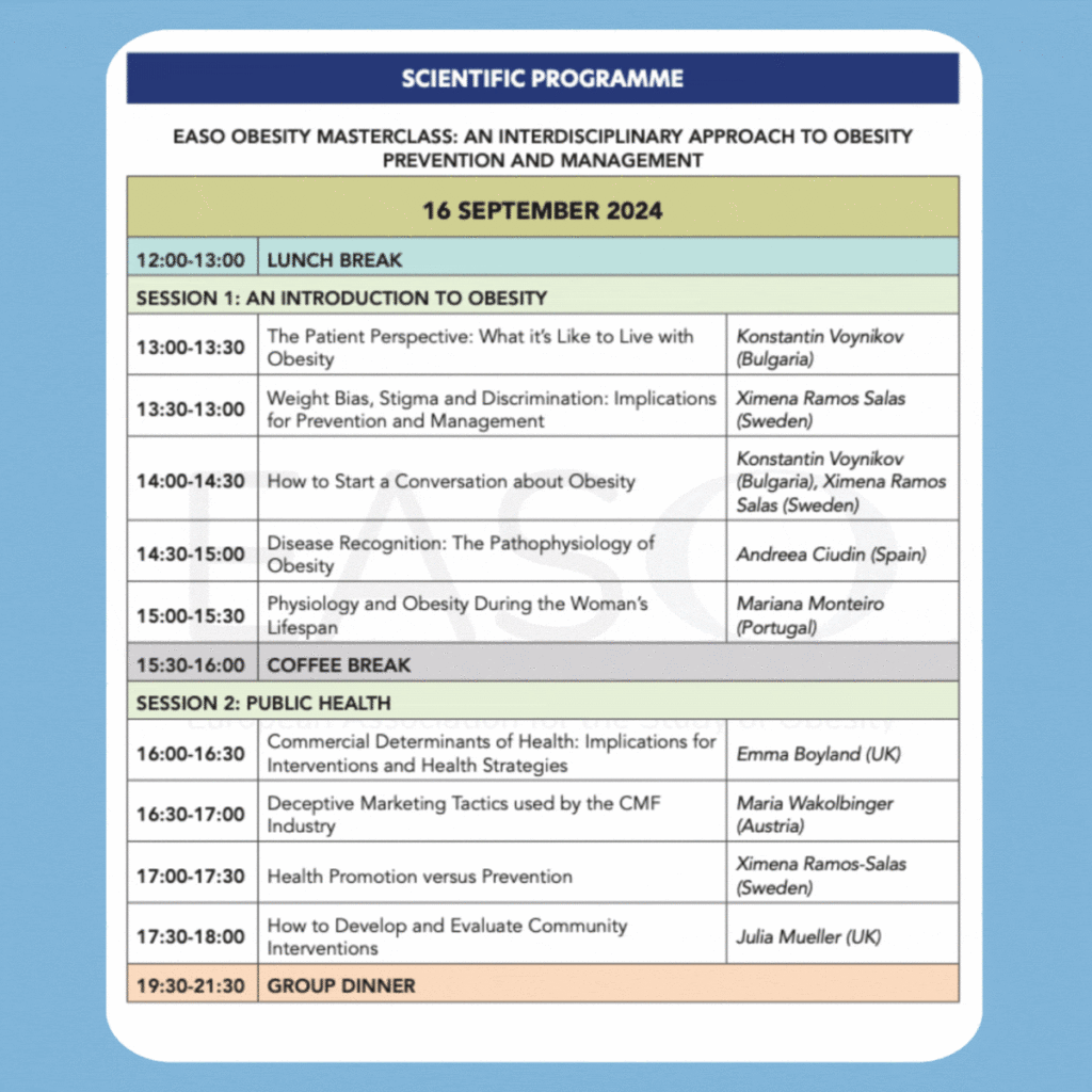 A scientific programme schedule for the EASO Obesity Masterclass on September 16, 2024, listing sessions on obesity prevention and management, including speaker names, times, and topics.