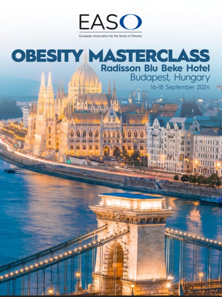 Poster for the EASO Obesity Masterclass at Radisson Blu Beke Hotel in Budapest, Hungary, dated 16-18 September 2024, featuring an image of the cityscape with the Hungarian Parliament building and Chain Bridge.