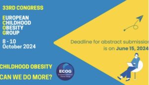 Promotional graphic for the 33rd Congress of the European Childhood Obesity Group from October 8-10, 2024, highlighting the deadline for abstract submission on June 15, 2024.