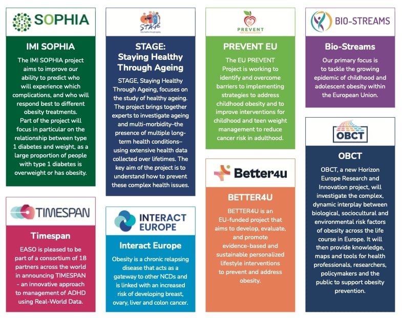 Infographic showcasing seven health organizations: Sophia (predictive health modeling), STAGE (healthy aging), Prevent EU (preventive cancer research), Bio-Streams (childhood obesity), EASO (obesity advocacy), Interact Europe (diet evaluations), and Better4U (diabetes risk reduction).