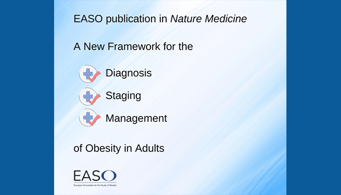 EASO publication in Nature Medicine presenting a new framework for the diagnosis, staging, and management of obesity in adults. EASO logo at the bottom.